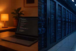 Comparação em ecrã dividido entre o ambiente de desenvolvimento local e o servidor de alojamento produtivo num centro de dados moderno