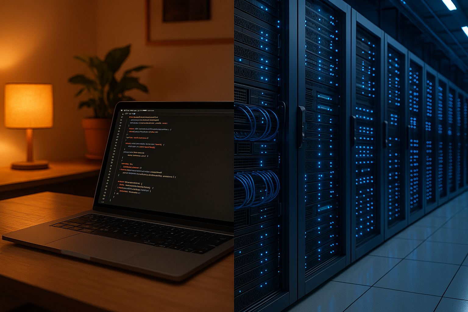 Split-screen comparison between local development environment and productive hosting server in a modern data center