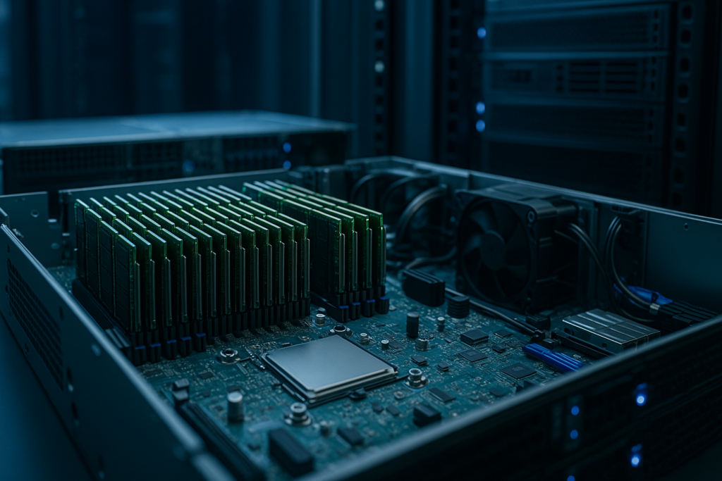 Rack de servidor com módulos RAM visíveis em ambiente de alojamento moderno