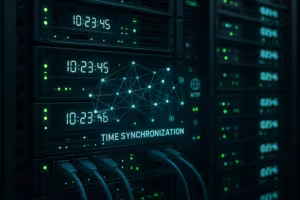 Sala de servidores com vários racks e dados de sincronização de tempo entre servidores NTP