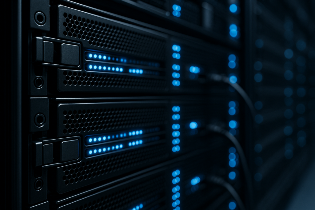 Rack de servidores no centro de dados simboliza a otimização do desempenho do PHP OPcache