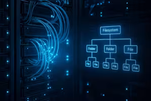 Модерна архитектура на сървърното помещение с дискови устройства и синьо осветление за визуализация на производителността на файловата система