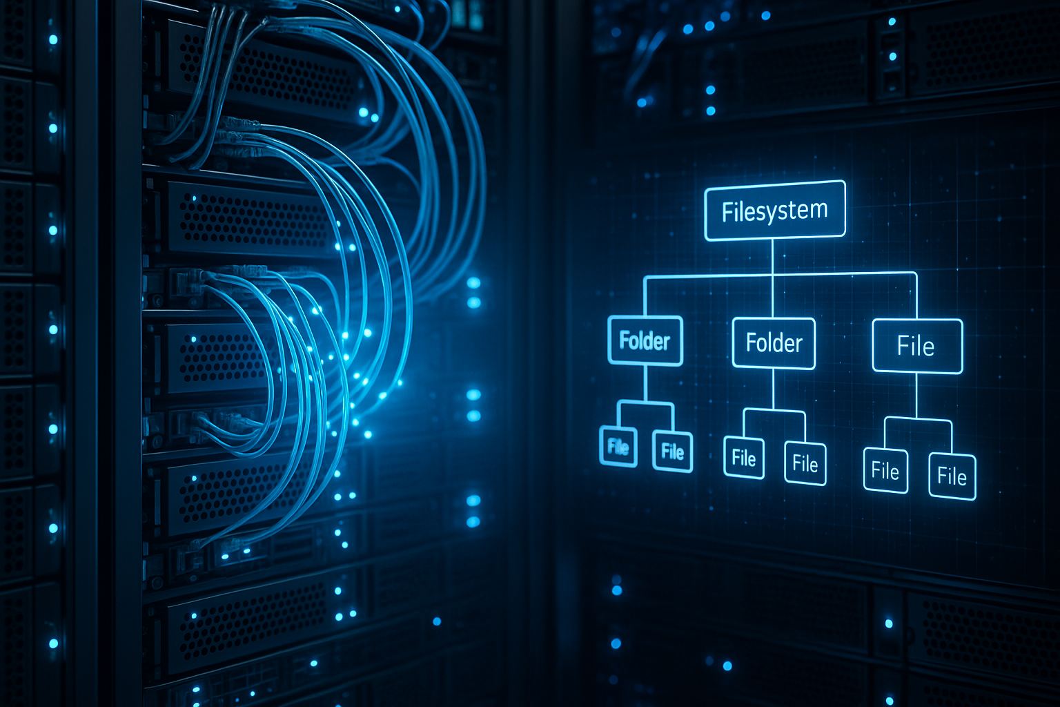 Moderne Serverraum-Architektur mit Speicherlaufwerken und blauer Beleuchtung zur Visualisierung von Filesystem-Performance