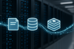 Serverracks med abstrakt visning af filsystem-, Redis- og databasesessioner