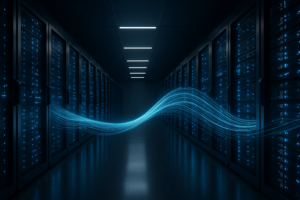 Centro de datos con racks de servidores que amortiguan los picos repentinos de tráfico.