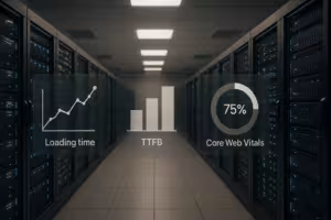 Serverracks i moderne datacenter symboliserer TTFB og webside-caching