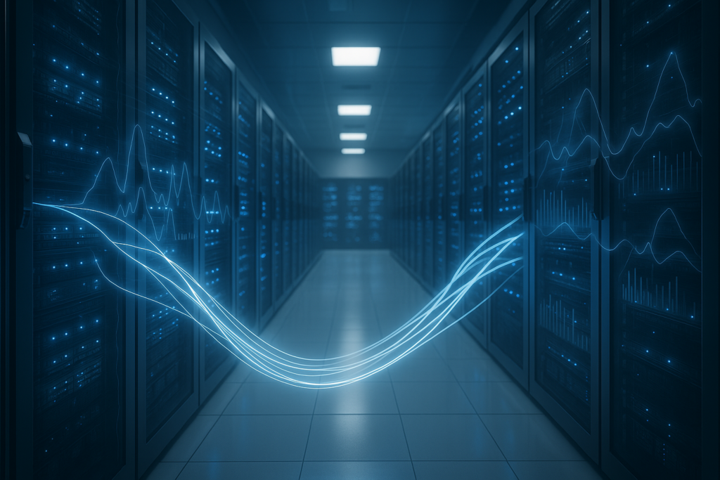 Moderna sala server con rack luminosi e flussi di dati per prestazioni web ottimali