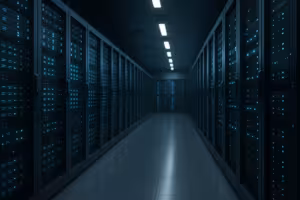 データセンター内の最新のウェブホスティングサーバー(青色のステータスLED付き)