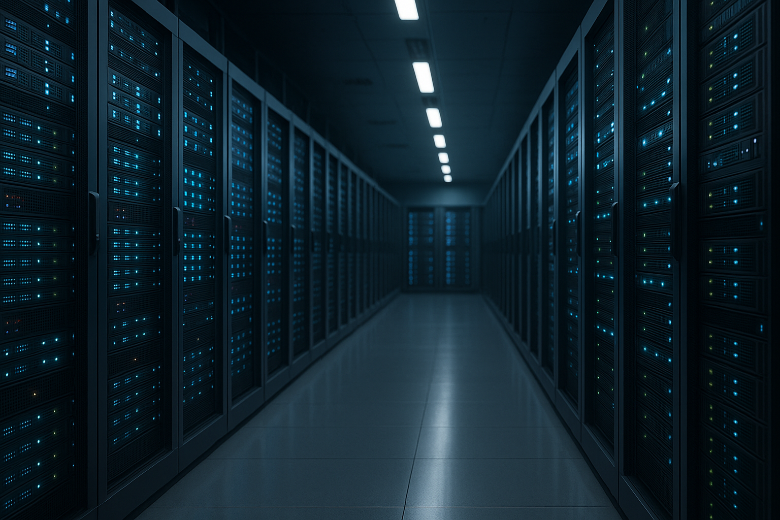 データセンター内の最新のウェブホスティングサーバー（青色のステータスLED付き）