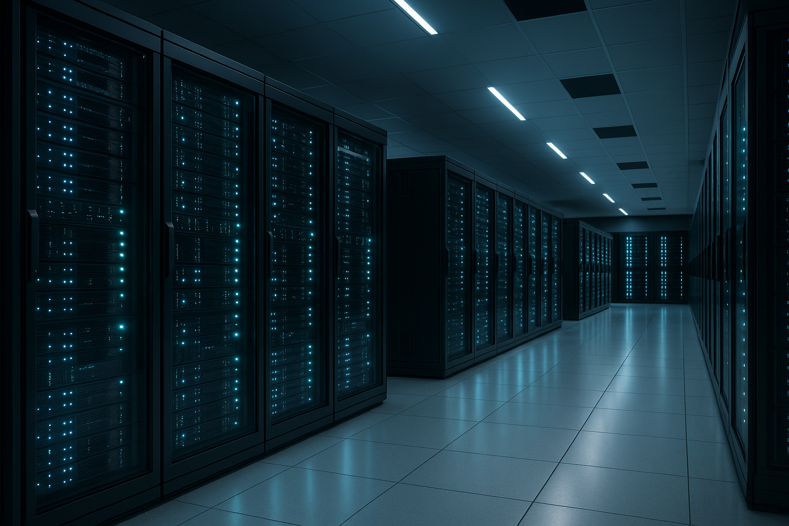 Centro de dados moderno para alojamento web com racks de servidores iluminados