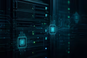 最新のデータセンターにある、CPU負荷表示機能付きサーバーラック