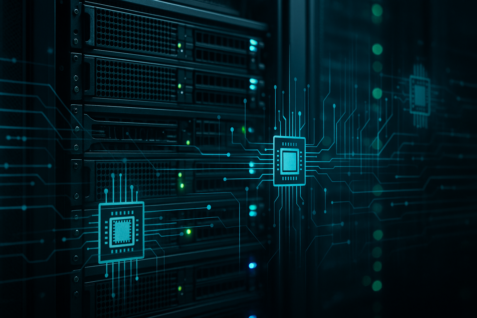 Server rack with CPU load display in a modern data center