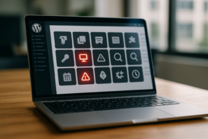 Laptop met WordPress Dashboard en veel actieve plug-ins als symbool voor prestatieproblemen