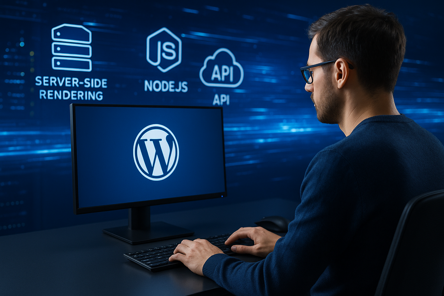 開発者がサーバーサイドレンダリングによるWordPressヘッドレスセットアップに取り組んでいる モニター上の視覚化、ハイテクシンボルが配置されたモダンなオフィス環境