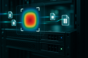 Servidor no centro de dados com carga de CPU visualizada através da compressão de dados