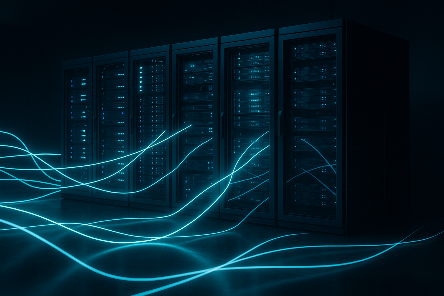 Moderne Serverracks in einem Rechenzentrum mit visualisierten Datenströmen