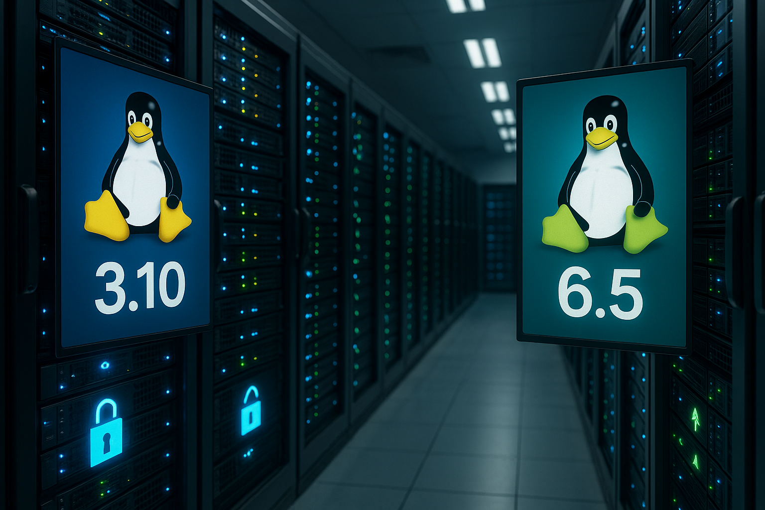 Salle de serveurs avec versions du noyau Linux pour la sécurité de l'hébergement web