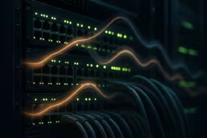 Bastidores de servidores Web num centro de dados com tráfego de rede e latência flutuante