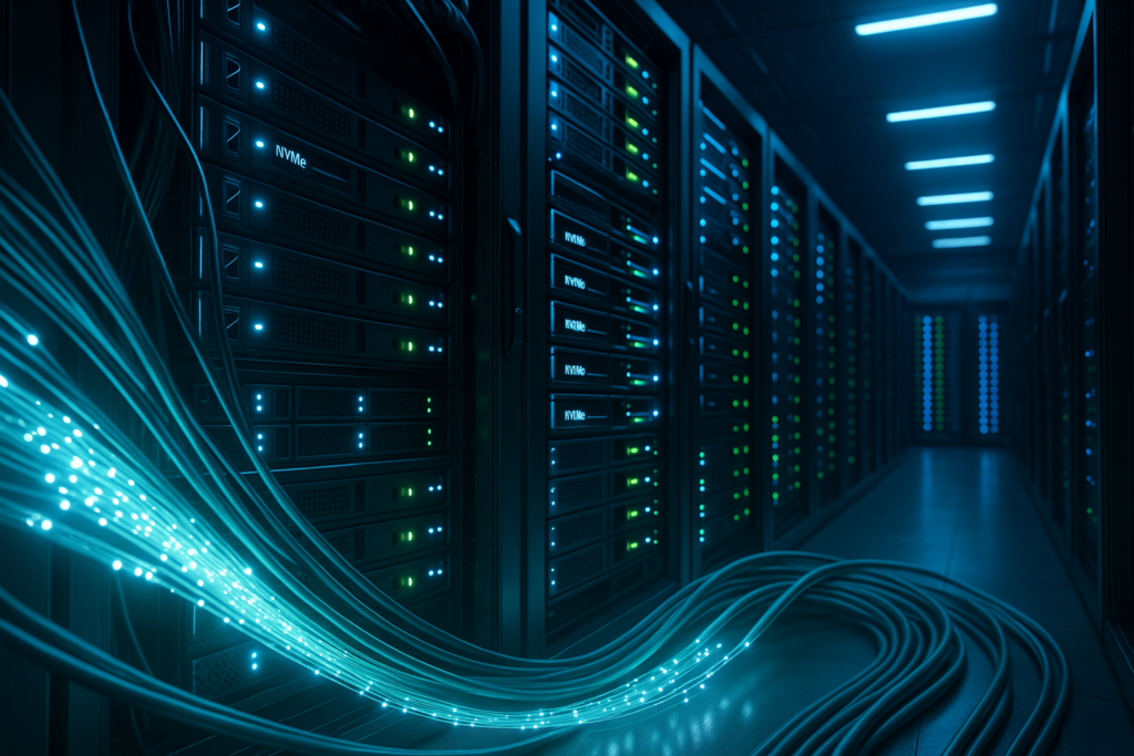 Moderno centro de datos con almacenamiento NVMe y bastidores de servidores que brillan con luz azul