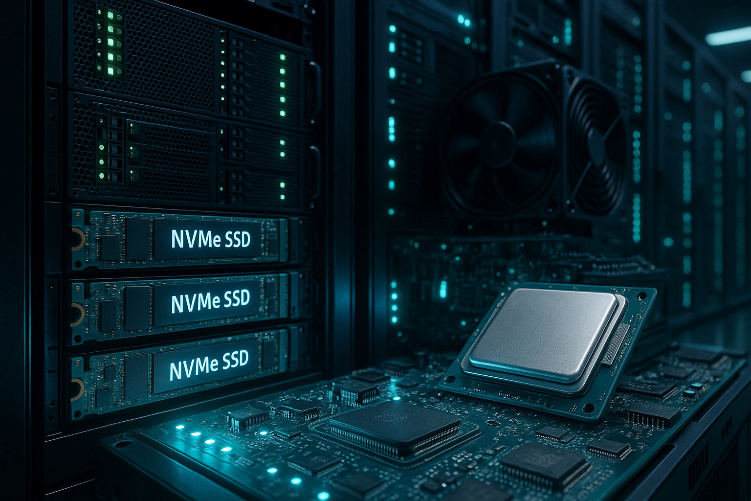 NVMe-lagringsenhet i en modern server med tekniska komponenter och LED-belysning