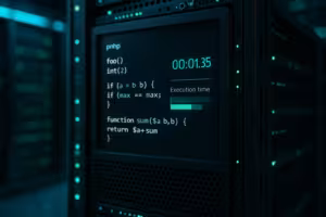 Graphique photoréaliste illustrant les limites d'exécution PHP et leurs répercussions sur les performances