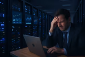 A sala do servidor com métricas de desempenho e utilizadores frustrados mostra a discrepância entre os recursos do servidor e o desempenho real do sítio Web