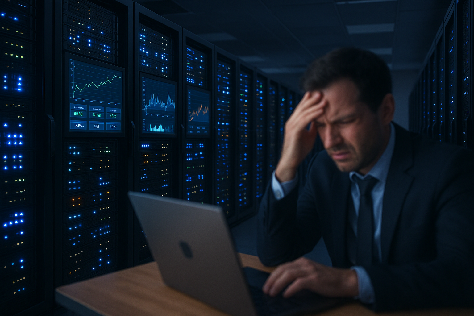 Serverrum med prestandamätningar och frustrerade användare visar diskrepans mellan serverresurser och webbplatsens faktiska prestanda