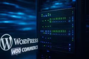 Server web moderno nel centro dati con ottimizzazione delle prestazioni di WooCommerce simboleggiato