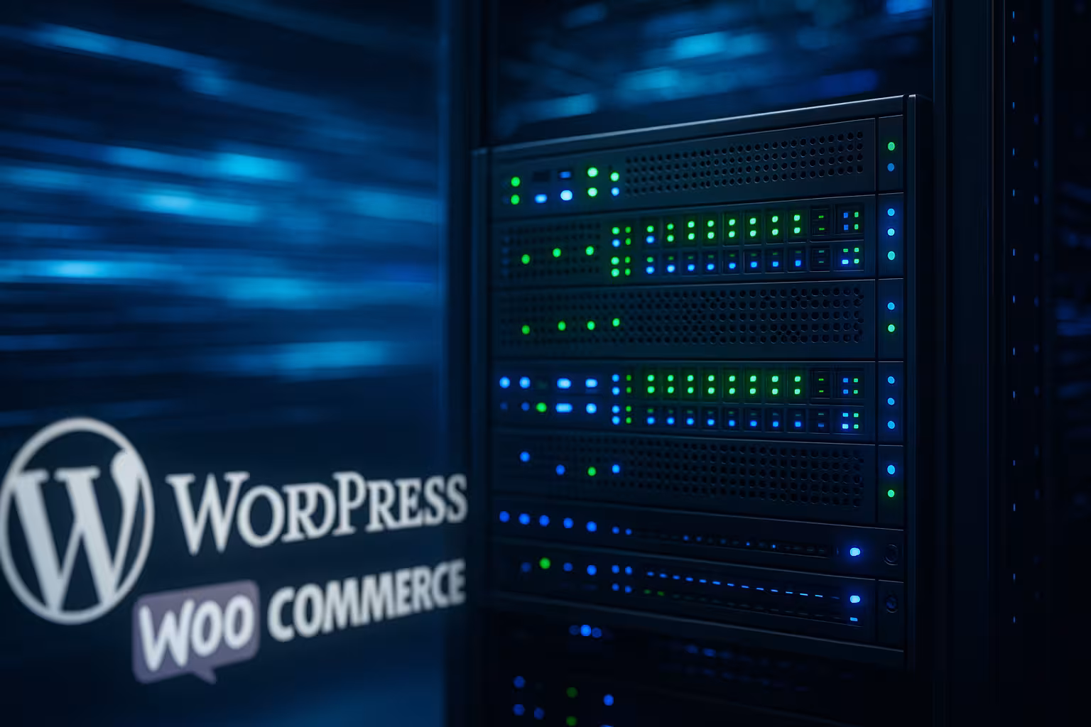 Server web moderno nel centro dati con ottimizzazione delle prestazioni di WooCommerce simboleggiato