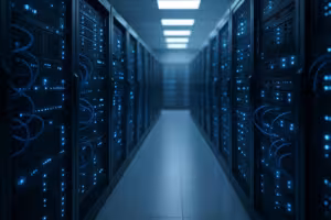 Modern server hardware in a professional data center with illuminated servers and network cables