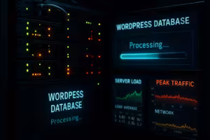 WordPress-server under belastning med övervakningsdisplayer och databashantering