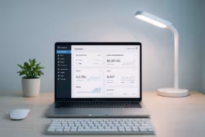 Minimalistische WordPress-setup op laptopscherm met prestatiegegevens en een strak dashboardontwerp