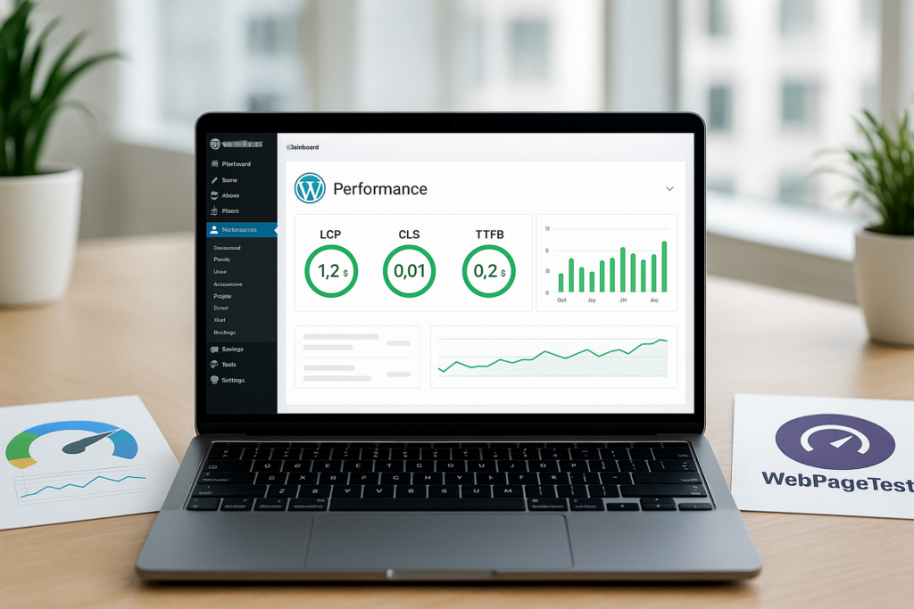 Pomiar wydajności WordPress z metrykami na ekranie laptopa