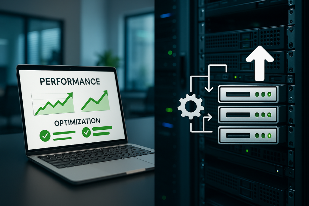 Visualización en pantalla dividida de las técnicas de optimización de WordPress y las opciones de actualización del alojamiento con métricas de rendimiento.