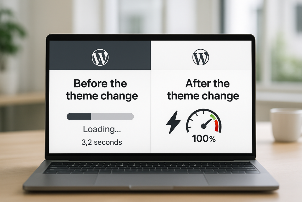 Zmiana motywu WordPress dla lepszego czasu ładowania przed i po porównaniu