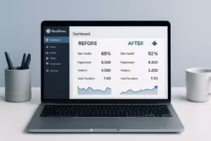 La dashboard di WordPress mostra le metriche delle prestazioni e i grafici per confrontare la velocità del sito web prima e dopo un aggiornamento con gli indicatori di prestazione.