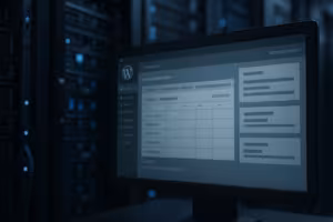 Server rack met WordPress dashboard voor geplande taken in een moderne hostingomgeving