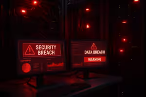 Ilustração de uma sala de servidores mostrando a monitorização da cache com alertas de aviso e painéis de controlo de segurança em ecrãs de computador