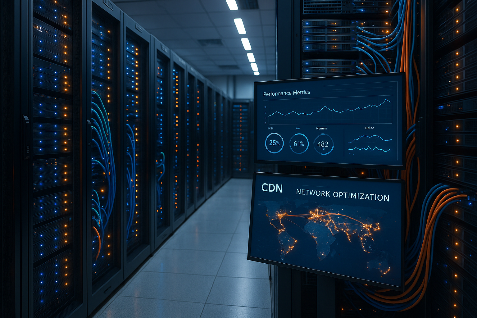 Infraestructura de red CDN con sistemas de supervisión del rendimiento y visualización del flujo de datos