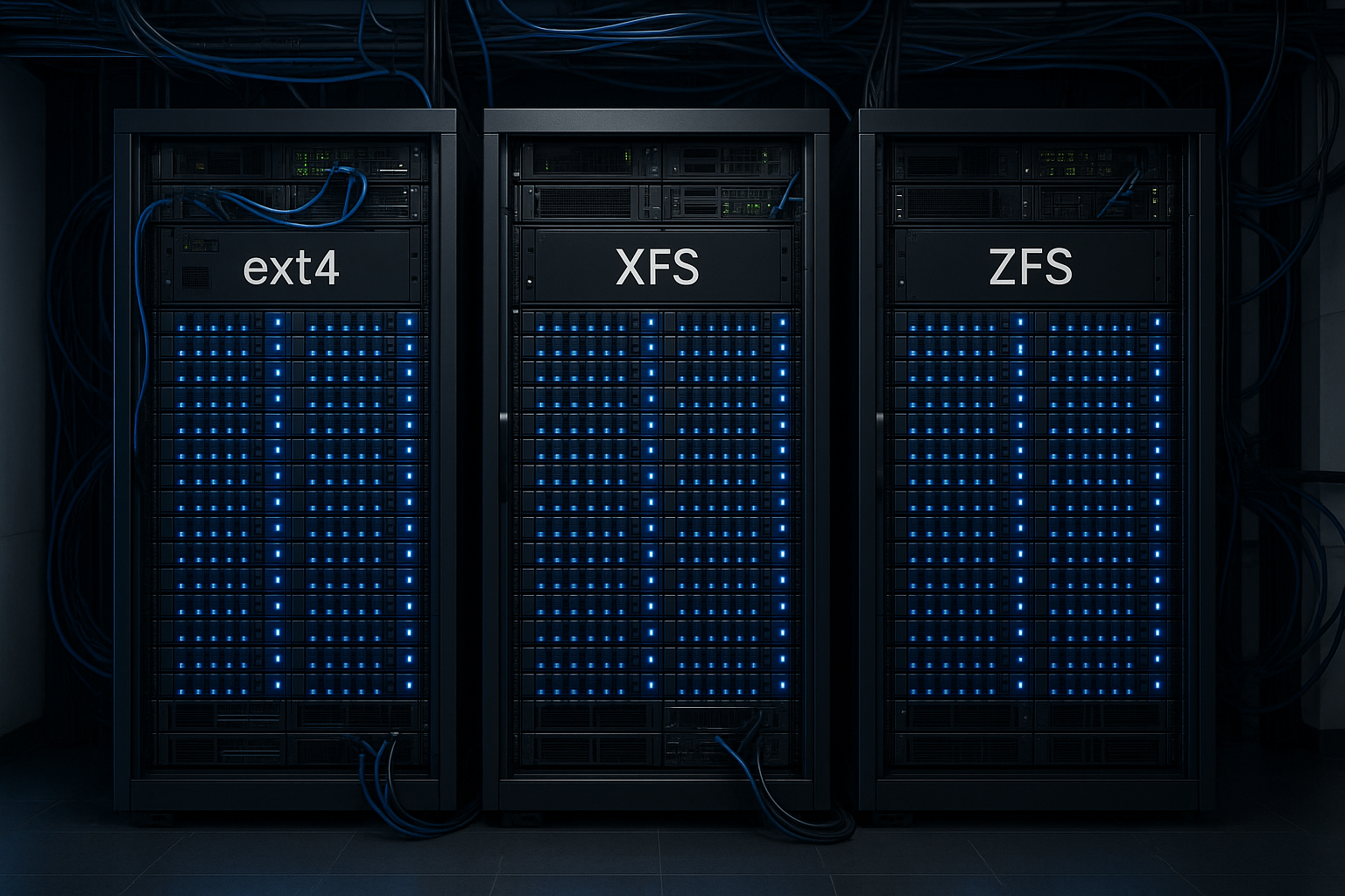 Armazenamento em servidor com sistemas de ficheiros EXT4 XFS ZFS em alojamento