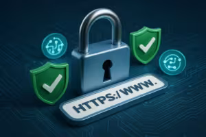 デジタル・セキュリティ:緑色のセキュリティ・シールドでドメイン名をハイジャック攻撃から守る大きな南京錠