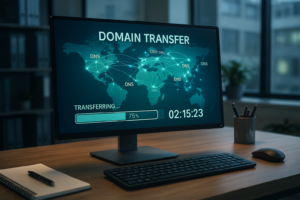 Процесс передачи домена с распространением DNS по всему миру и индикатором прогресса