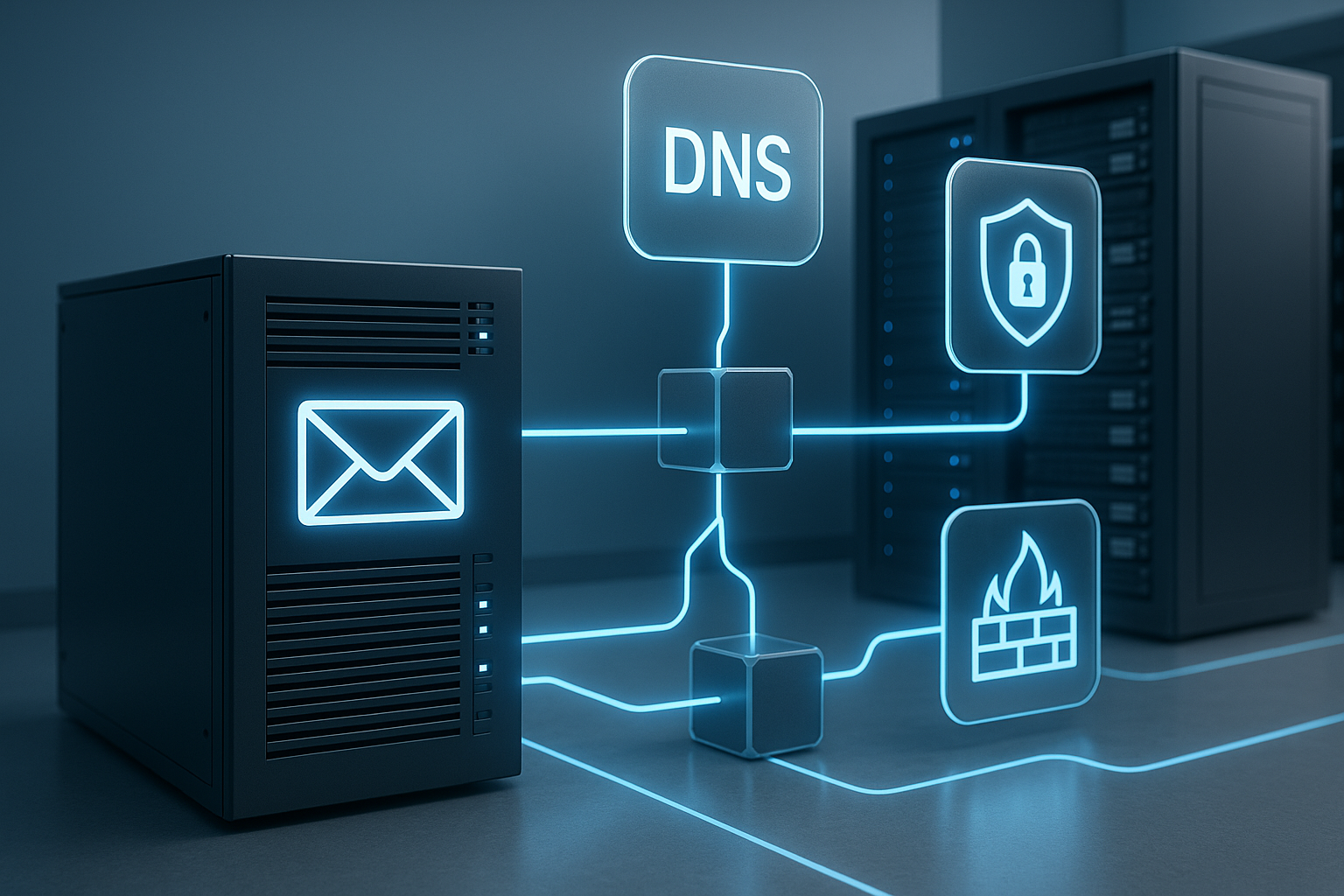 E-mail serverinfrastructuur met netwerk- en beveiligingselementen om de bezorgbaarheid van e-mail te visualiseren