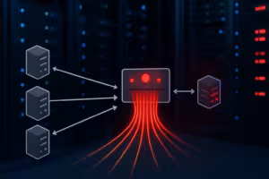 El equilibrador de carga con cuello de botella y problemas de rendimiento muestra servidores sobrecargados y congestión de la red