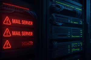 Servidor de alojamento de correio eletrónico com indicadores de alerta e infraestrutura de rede complexa num centro de dados