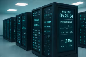 Moderna sala de servidores con pantallas de control del rendimiento