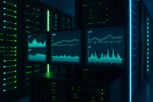 Painel de controlo do servidor com carga de CPU RAM e métricas de E/S