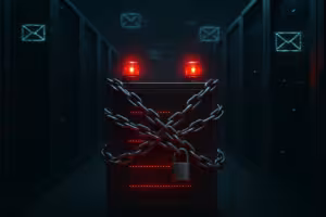 Sala de servidores con aviso de lista negra de spam para reputación de alojamiento