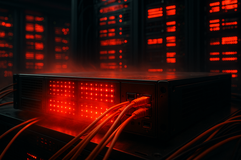 Server sotto carico per picchi di traffico con luci di avvertimento rosse