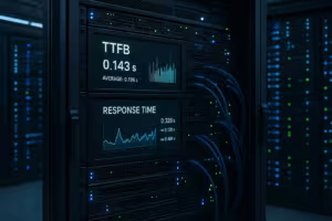 Modern data center with server racks and TTFB monitoring metrics on screens